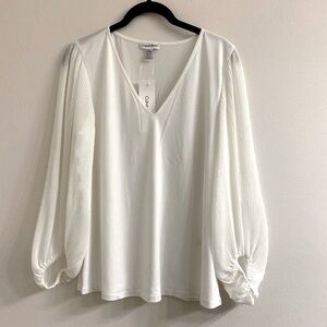 Calvin Klein Soft White Pleated Long Sleeves V-neck Top M